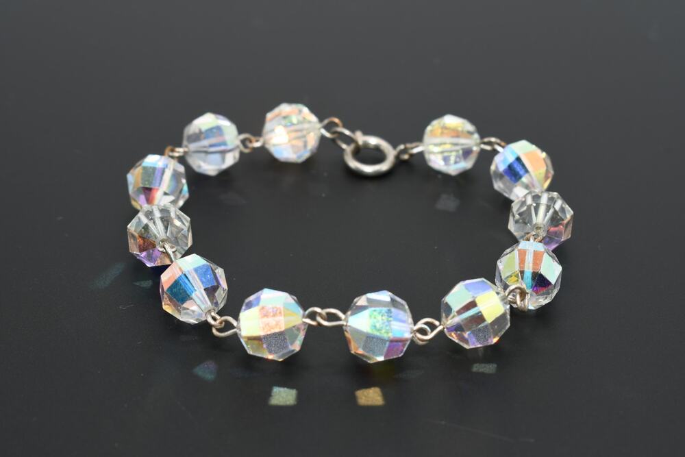 Vintage AB Crystal Bead Bracelet Austrian Faceted 7.75” Silver Tone